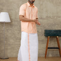 Men Peach Shirt With Matching Border Dhoti Set Evolution