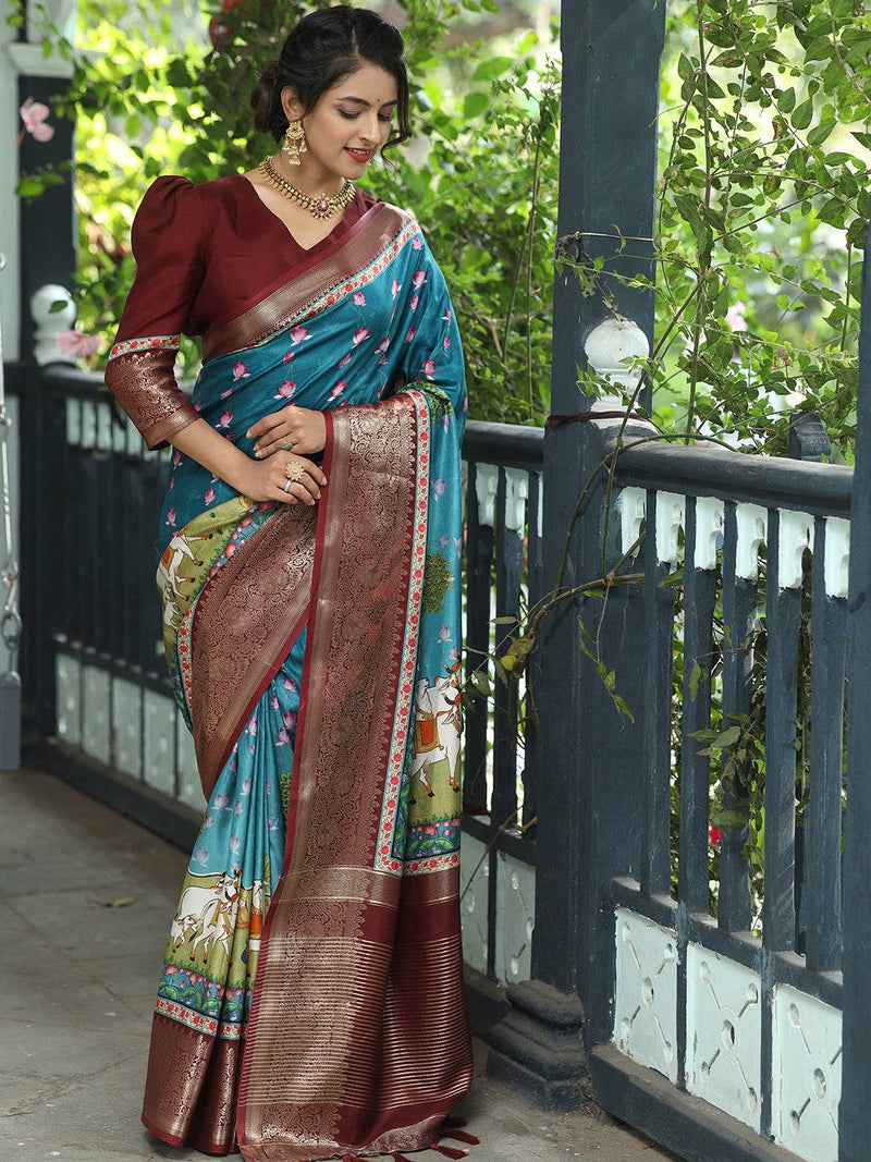 Pichwai Print Zari Weaving Pallu Saree In Blue Colour - Luxe