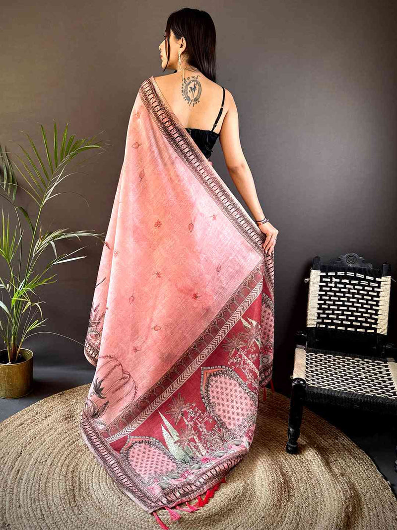 Blush Pink Tissue Floral Leaf Print Saree