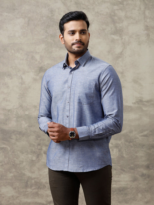 Men Linen Cotton Shirt Grey Blue LF6