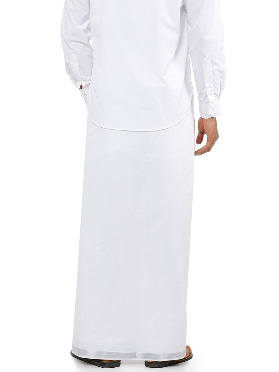 Men Cotton Blend Double Layer White Dhoti with 3/4" Jari Border Silver Heart