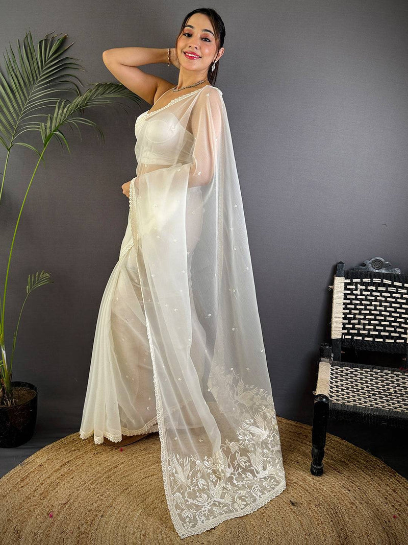 White Soft Chiffon Chikankari Work Saree