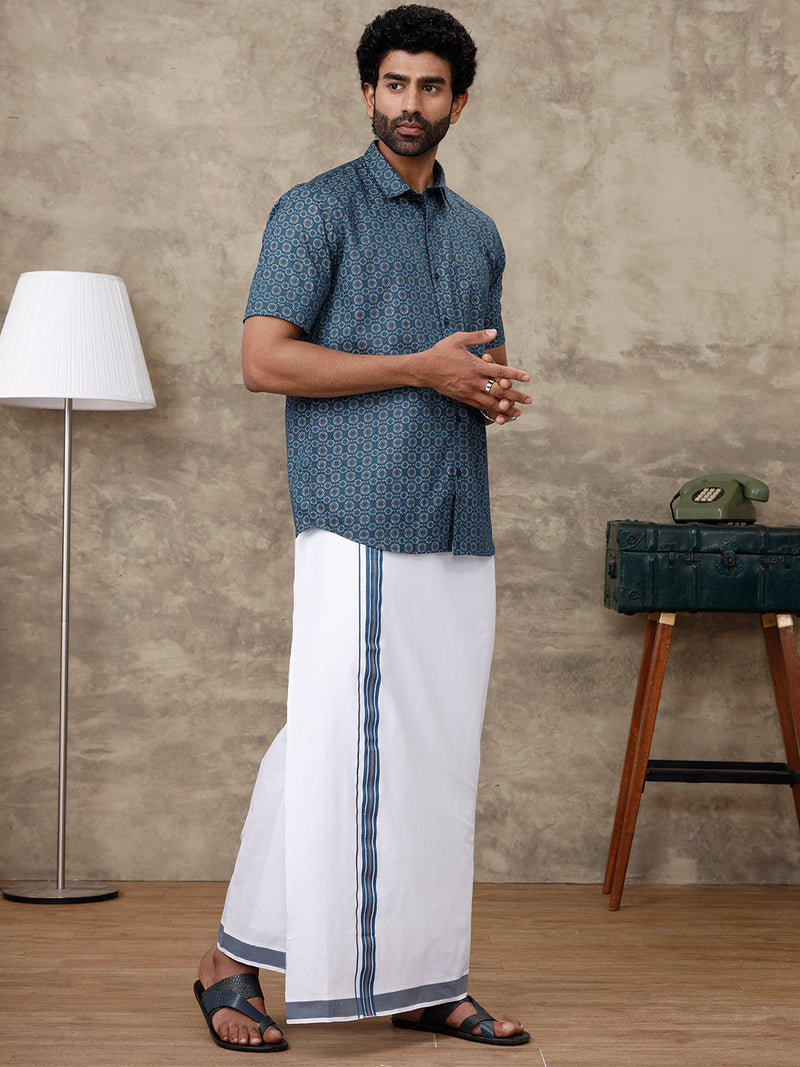 Men Dark Blue With Grey Matching Border Dhoti with Printed Shirt Set Fusion PS4