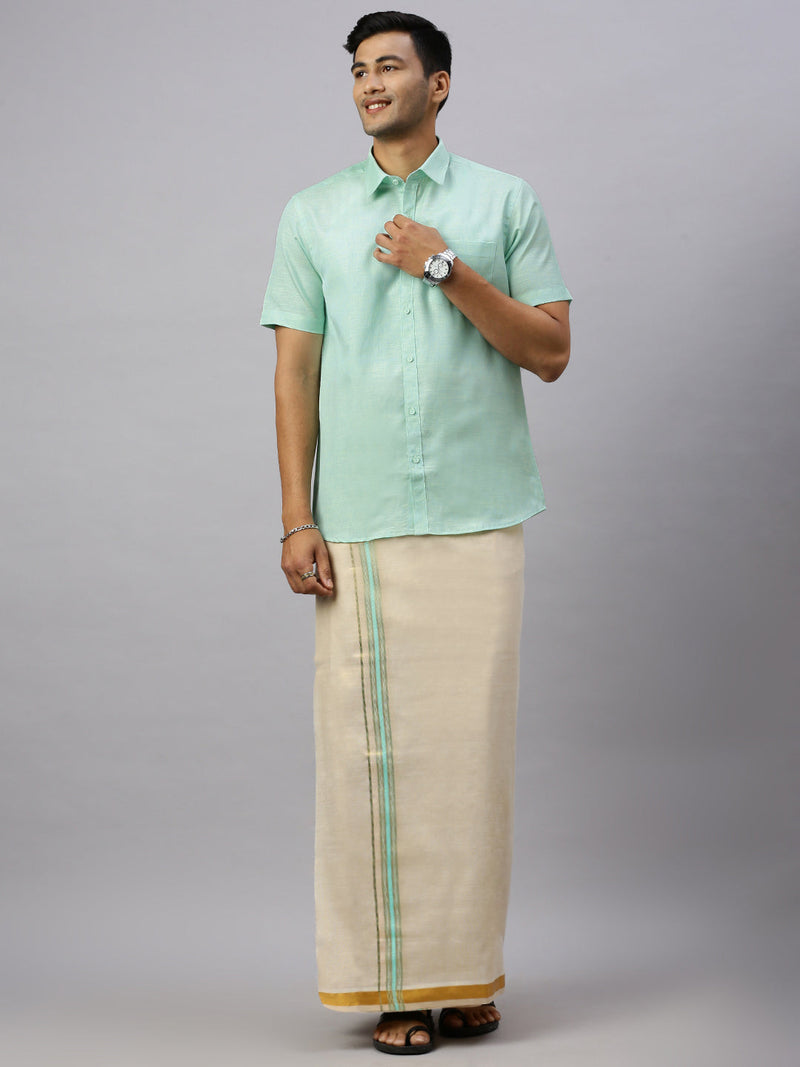 Men Cotton Rich Mint Green Shirt and Tissue Dhoti Set C83