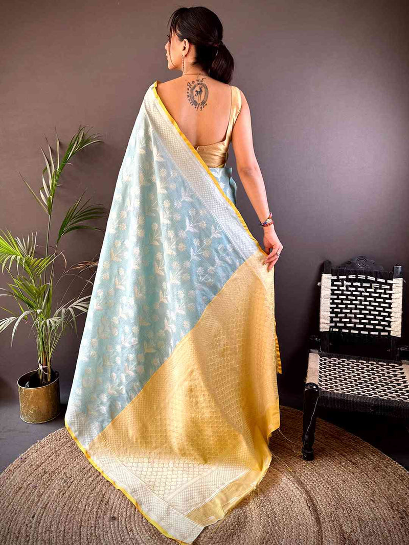 Sky Blue Kota Kora Zari Floral Weave Saree