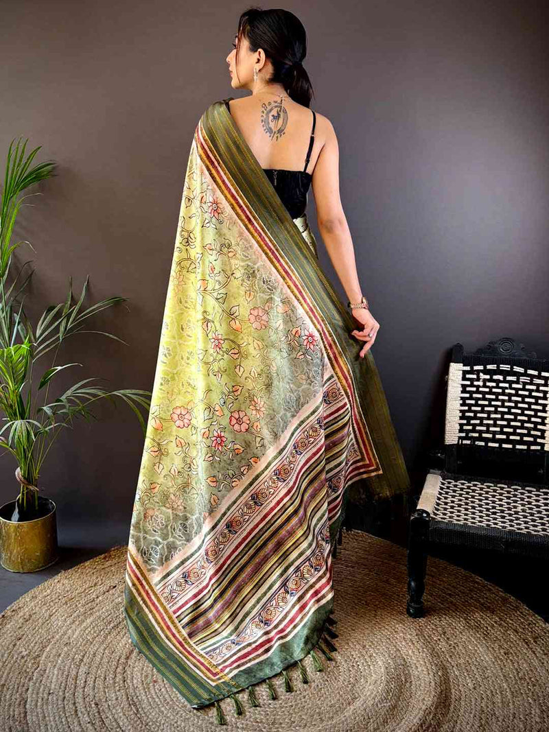 Pista Kalamkari Floral Printed Silk Saree