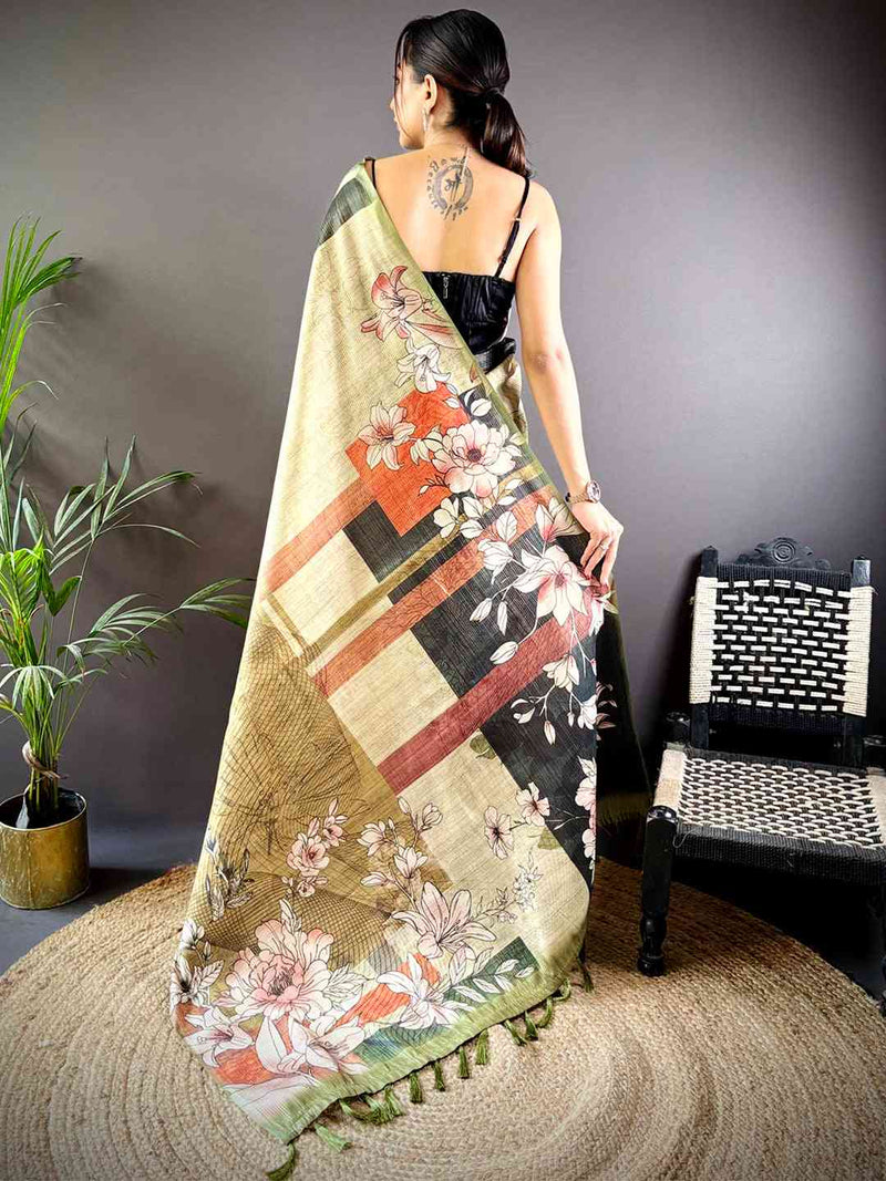 Light Green Tussar Zari Floral Saree