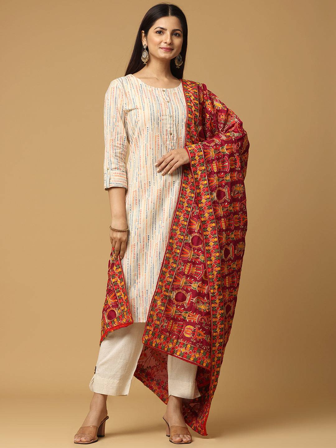Wine Colour Poly Chiffon Pashmina Threadwork Dupatta