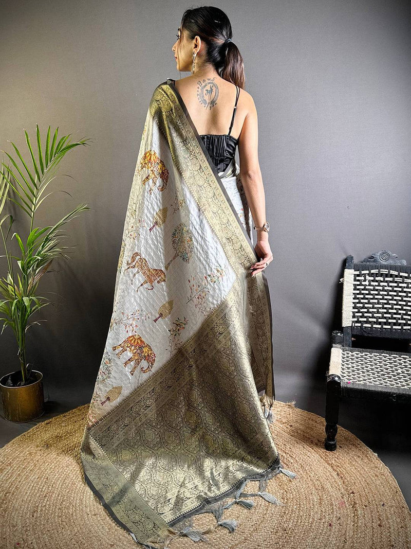Grey Chex Radiance Banarasi Silk Saree
