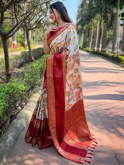 Maroon Colour Double Border Chex Weaving Banarasi Soft Silk Saree