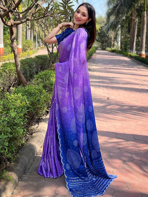 Lavender Georgette Silk Saree with Ombre Bandhej Print & Swaroski Stone Work