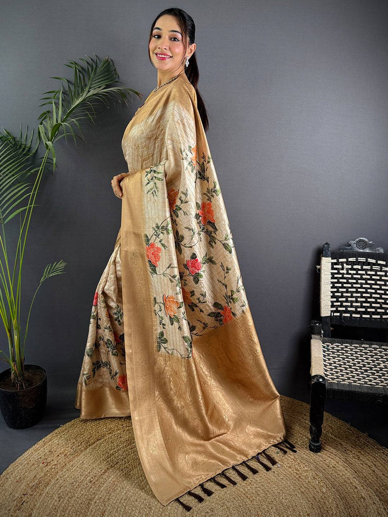 Cream Banarasi Silk Digital Printed Saree