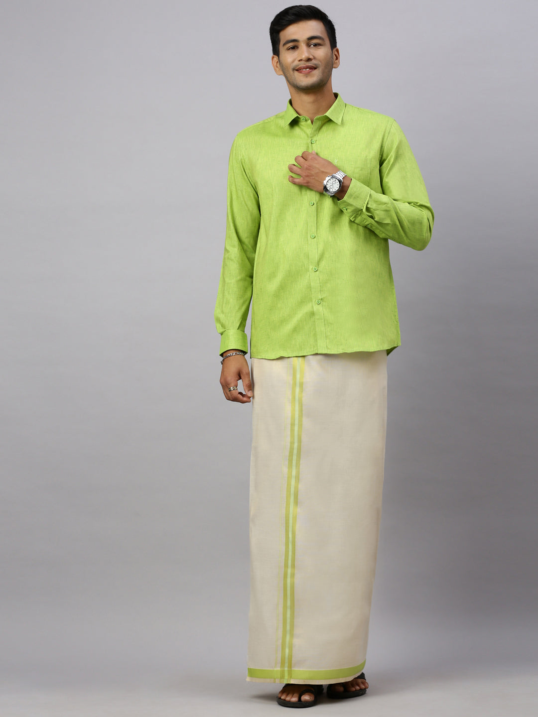 Men Cotton Rich Lite Green Shirt and Tissue Dhoti Set C82