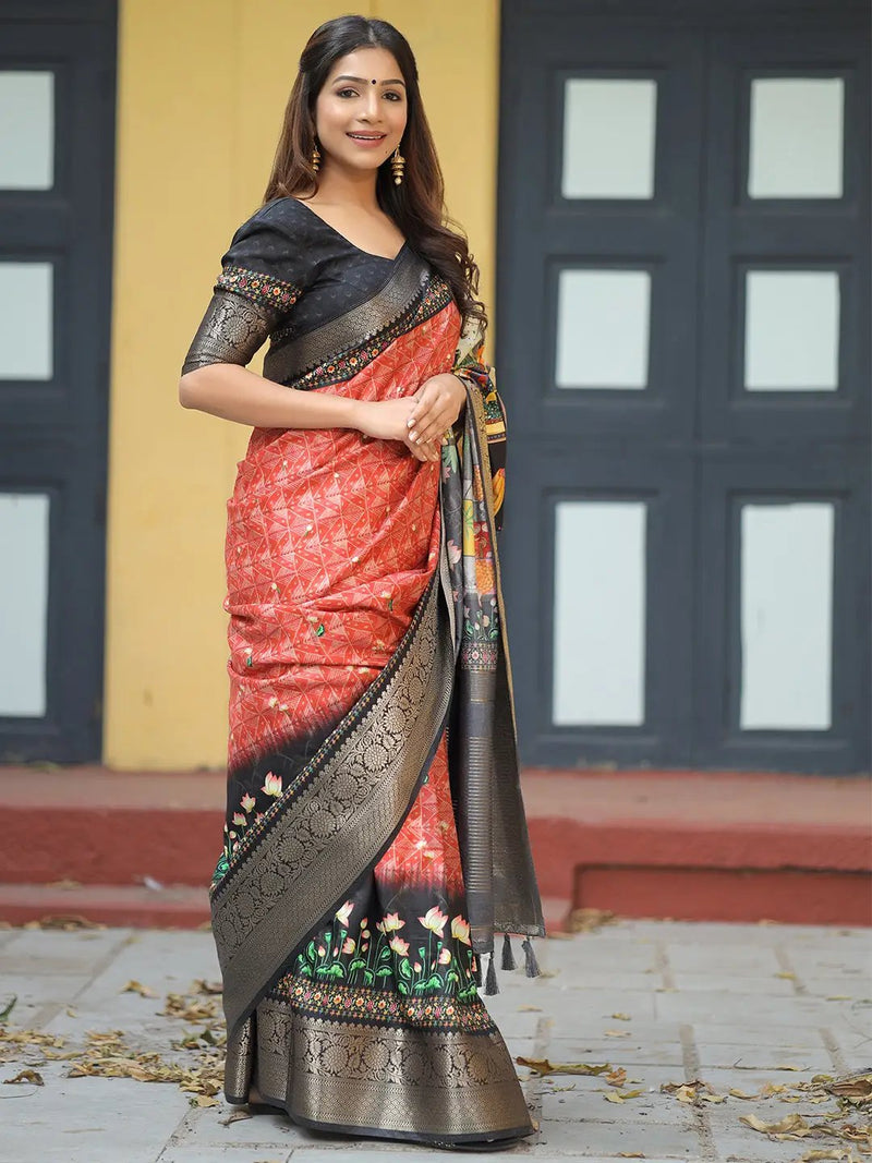 Red Colour Pure Viscose Dola Silk Saree with Pichwai Kalamkari Print - Luxe