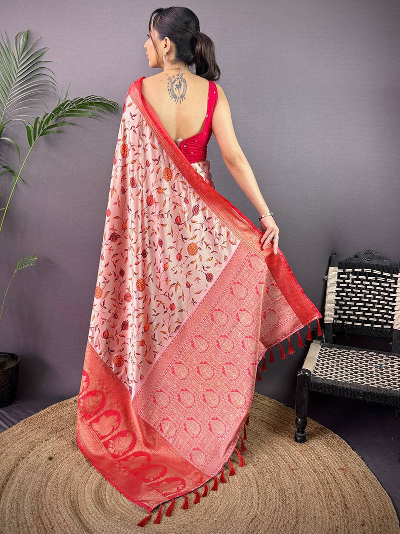 Elegant Soft Cherry Satin Kalamkari Print Saree