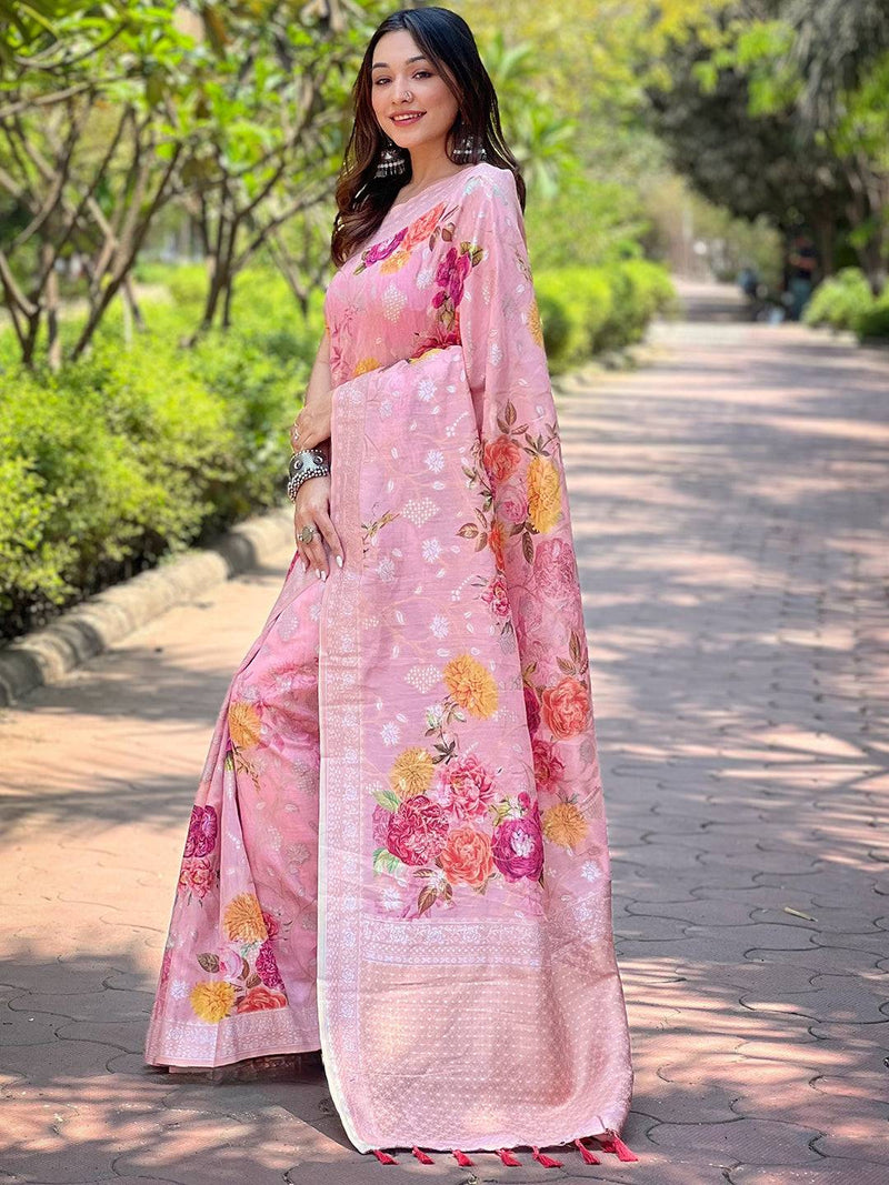 Light Pink Lakhnavi Bandla Zari Weaving Saree