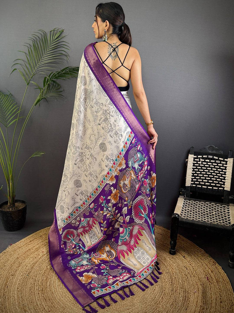 Purple Dola Silk Pen Kalamkari Print Saree