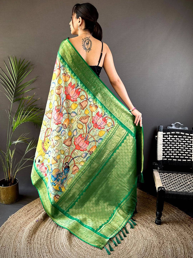 Green Banarasi Silk Lotus Kalamkari Saree