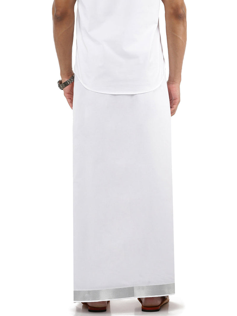 Men Cotton Blend Double Layer White Dhoti with 1 1/2" Jari Border Silver Bright