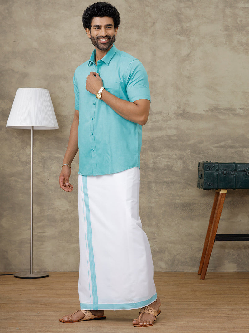 Men Turquoise Blue Shirt With Matching Border Dhoti Set Evolution