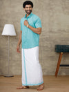 Men Turquoise Blue Shirt With Matching Border Dhoti Set Evolution