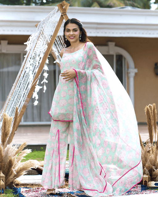 Kinaaz Sea Green Printed Georgette Sharara Set