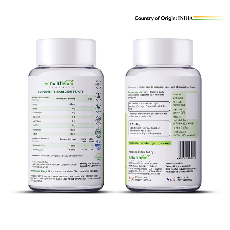 Health Veda Organics Zinc Citrate Veg Capsules