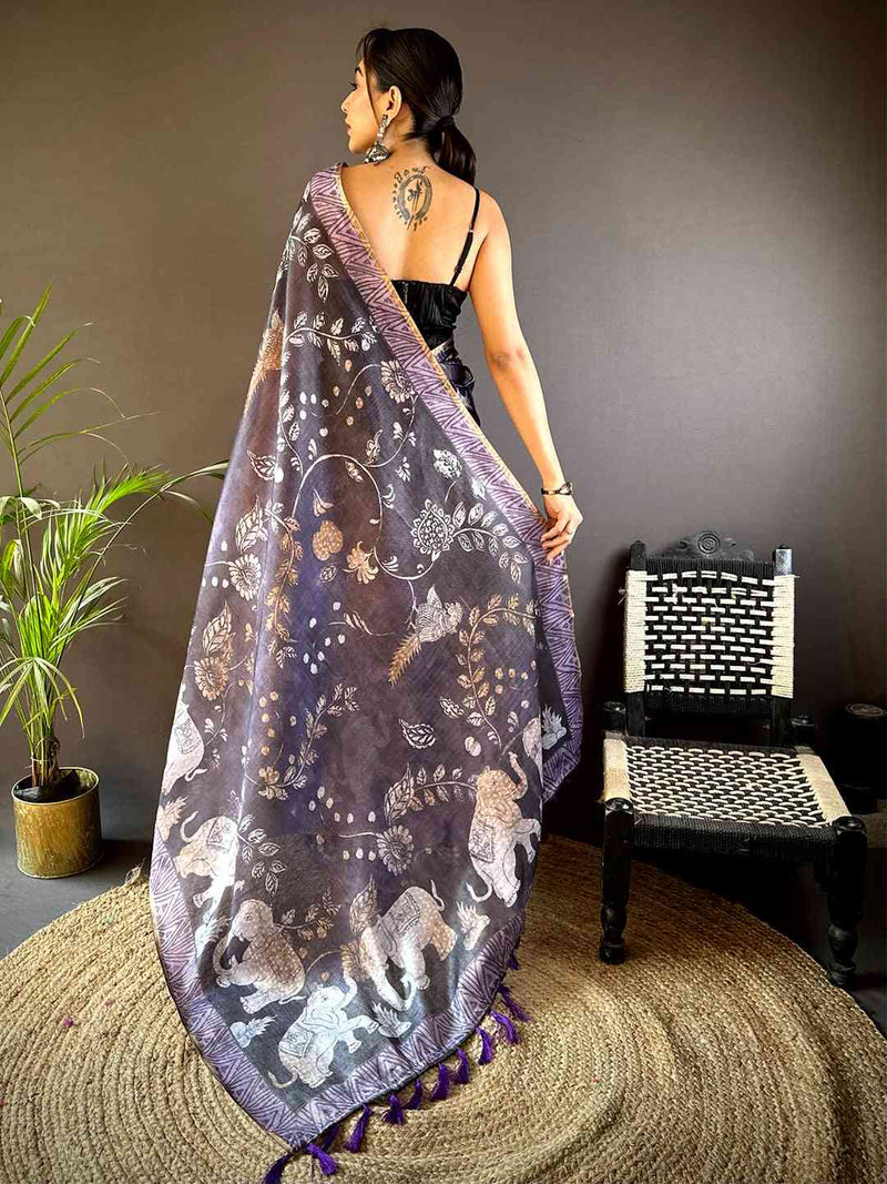 Purple Kalamkari Block Print Chanderi Saree