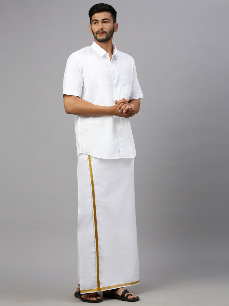 Men Cotton Blend Single Layer White Dhoti with 3/4" Gold jari Border Silver Sun