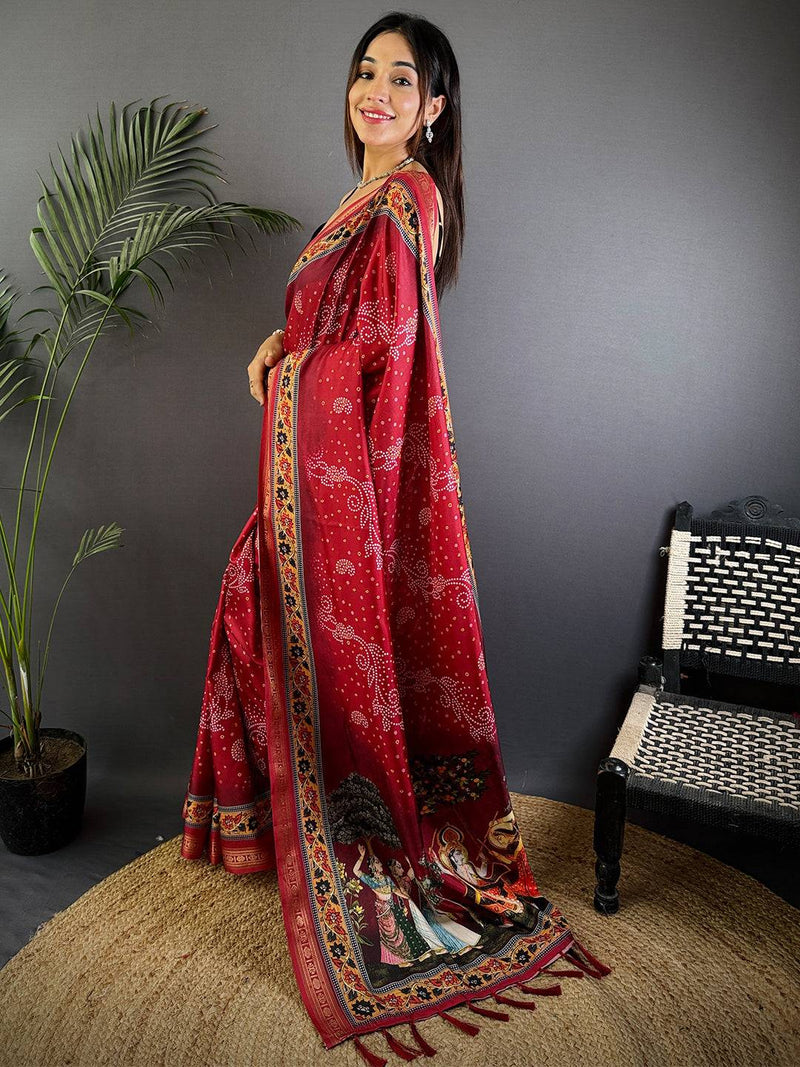 Red Bandhej Kalamkari Soft Silk Saree
