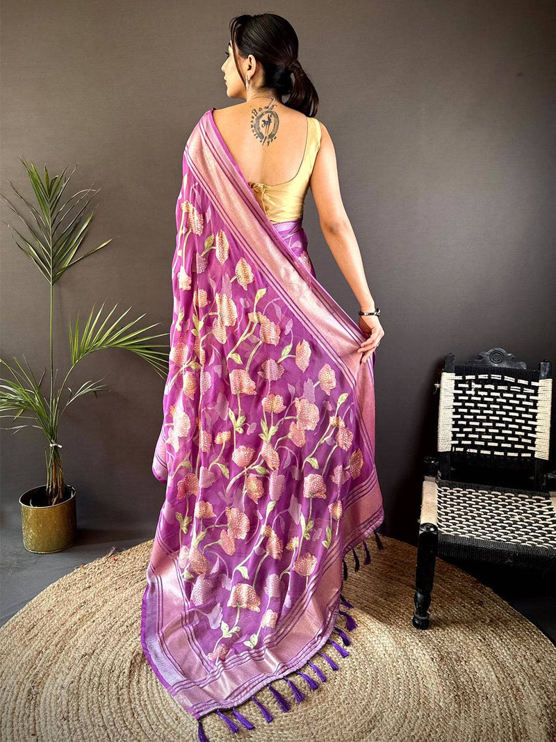 Wine Brasso Soft Mina Kari Weaving Saree