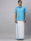 Men Eastern Blue Matching Border Dhoti & Half Sleeves Shirt Set CV5
