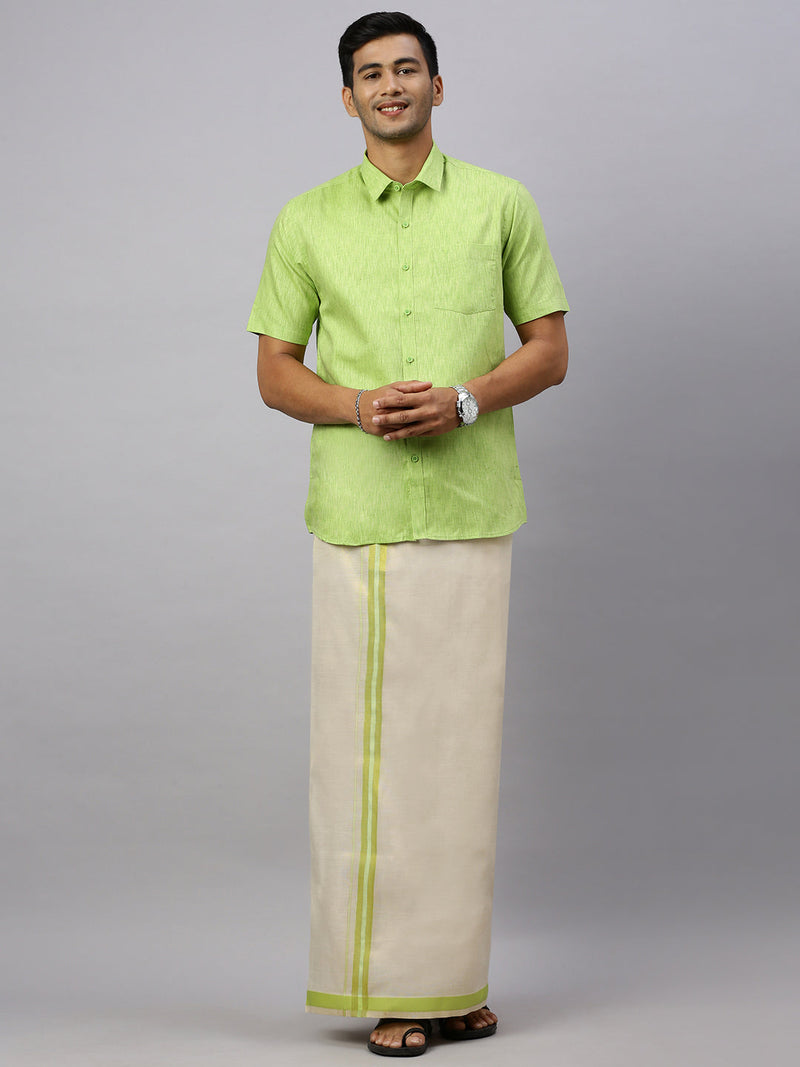 Men Cotton Rich Lite Green Shirt and Tissue Dhoti Set C82