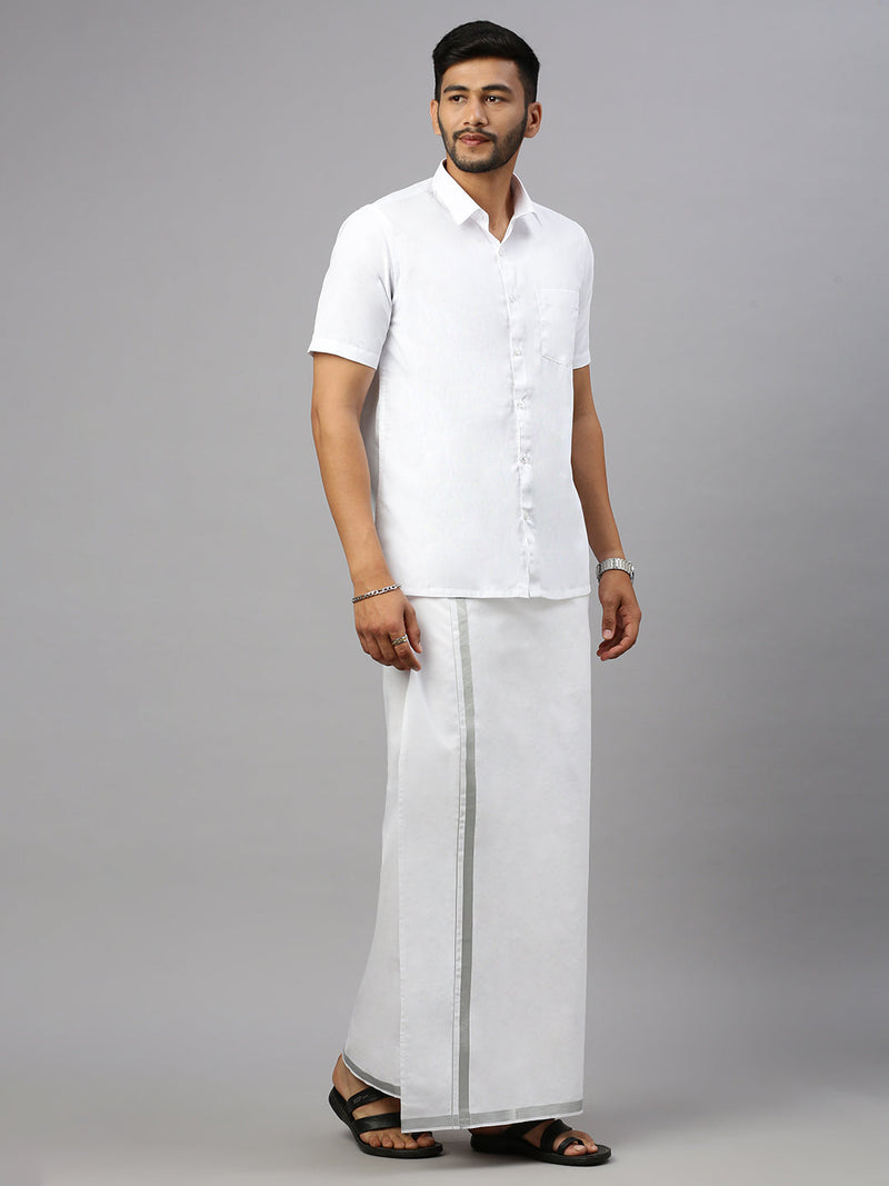 Men Cotton Blend Double Layer White Dhoti with 1" Jari Border Silver Rose