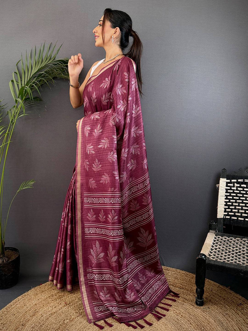 Dark Mauve Leaf Print Ghicha Handloom Saree