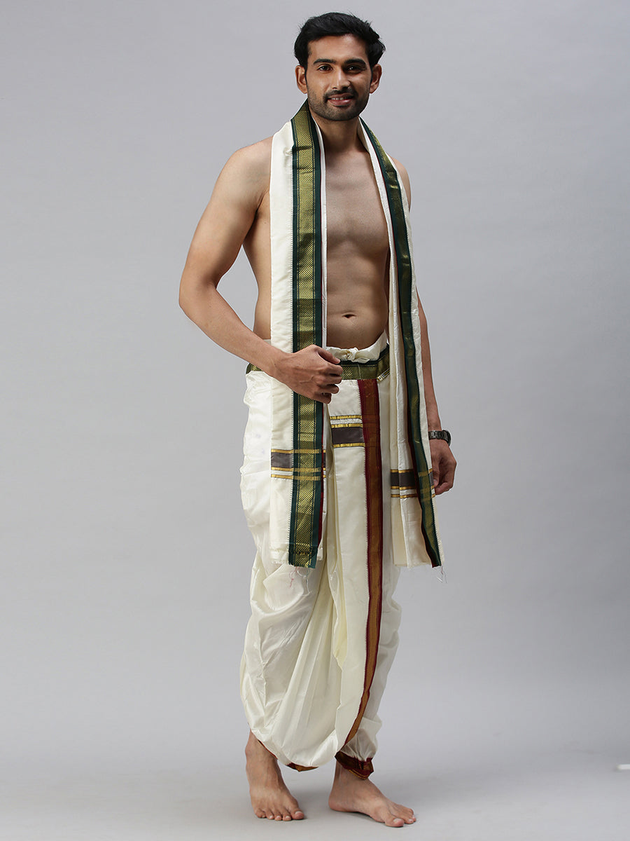 Men Pure Silk 7K Mayilkhan Dhoti & Towel (8+4) Thirukalyan