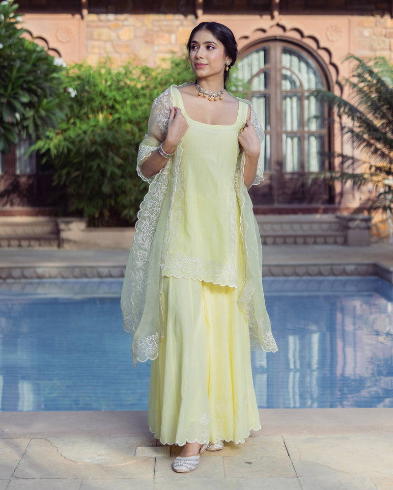 Nazakat Yellow Embroidered Cotton Sharara Set
