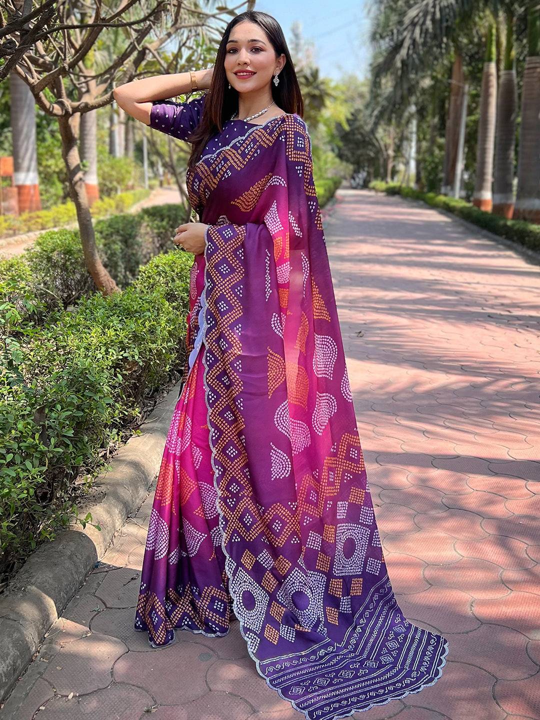 Magenta Georgette Silk Saree with Ombre Bandhej Print & Swaroski Stone Work