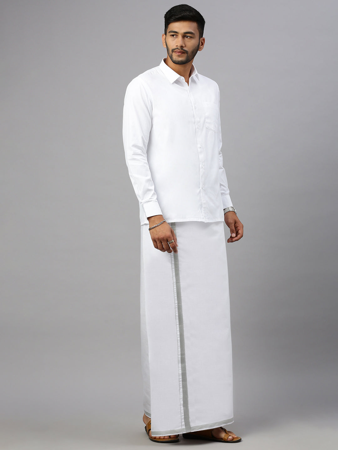 Men Cotton Blend Double Layer White Dhoti with 3/4"Silver Jari Border Ivory
