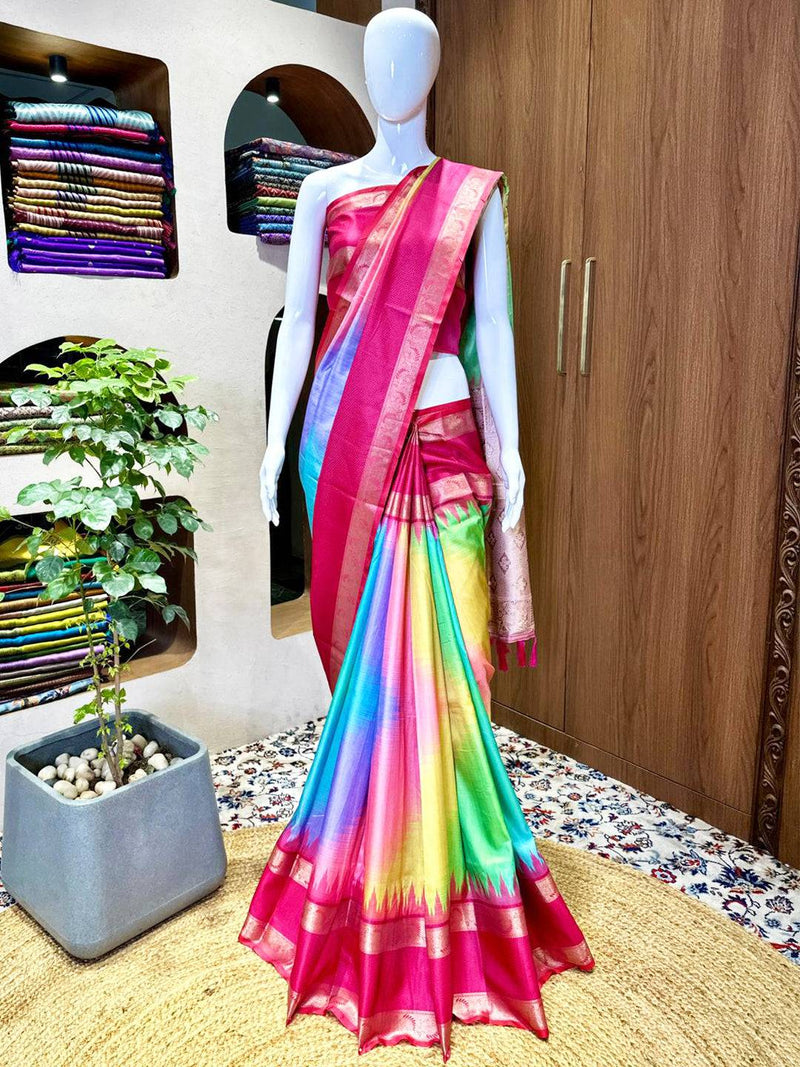 Vibrant Rainbow Ikkat Silk Saree