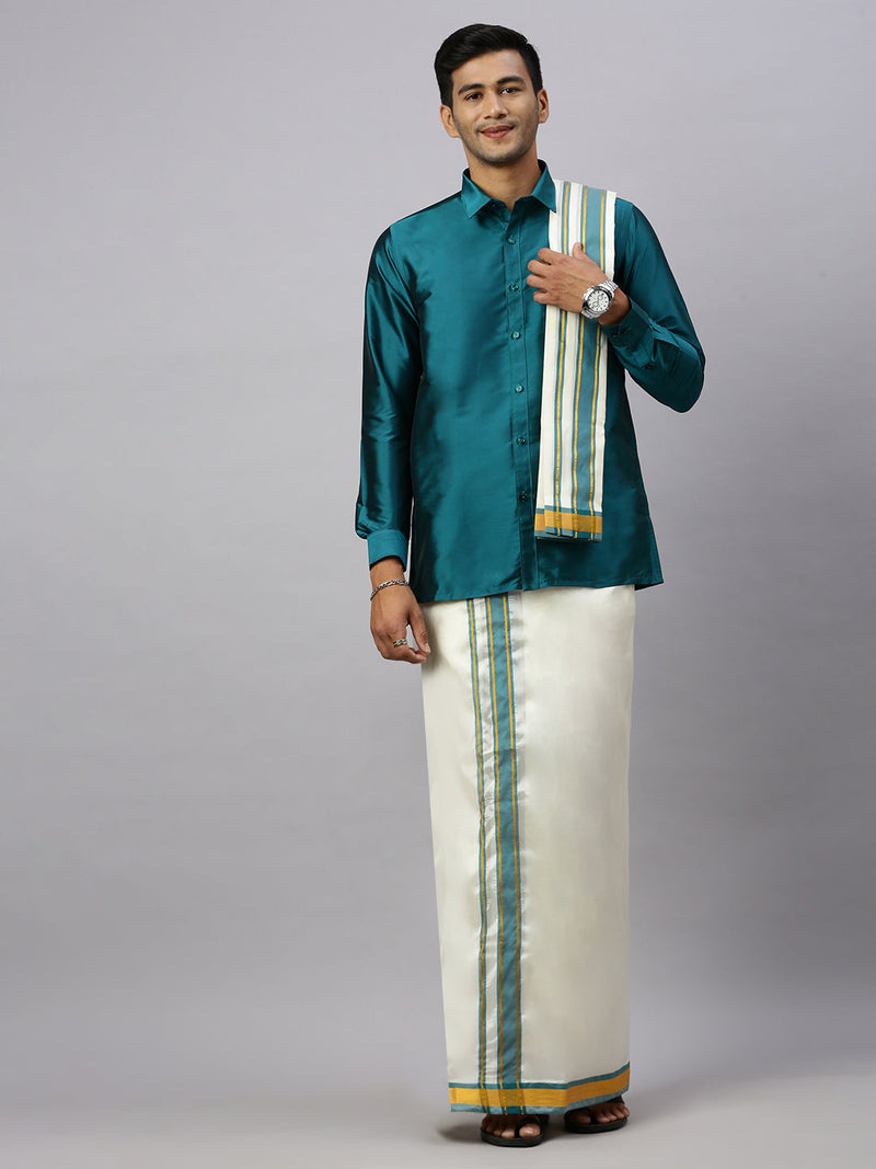 Men Full Sleeves Ramar Green Shirt with Matching Border Cream Dhoti & Towel Set K3