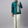 Men Full Sleeves Ramar Green Shirt with Matching Border Cream Dhoti & Towel Set K3