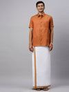 Men Brown Matching Border Dhoti & Half Sleeves Shirt Set CV3