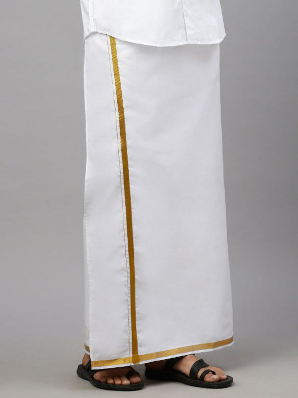Men 100% Cotton Double Layer White Dhoti with 3/4" Gold Jari Border Good Will