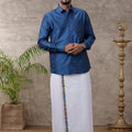Men Matching Jari Border Dhoti & Full Sleeves Shirt Set Blue VB9