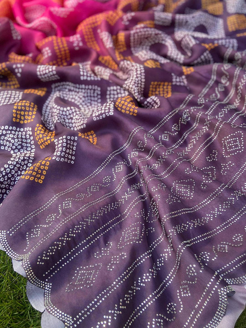 Magenta Georgette Silk Saree with Ombre Bandhej Print & Swaroski Stone Work