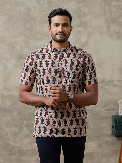 Men Cotton Short Length Printed Pocket Kurta Sandal OD35