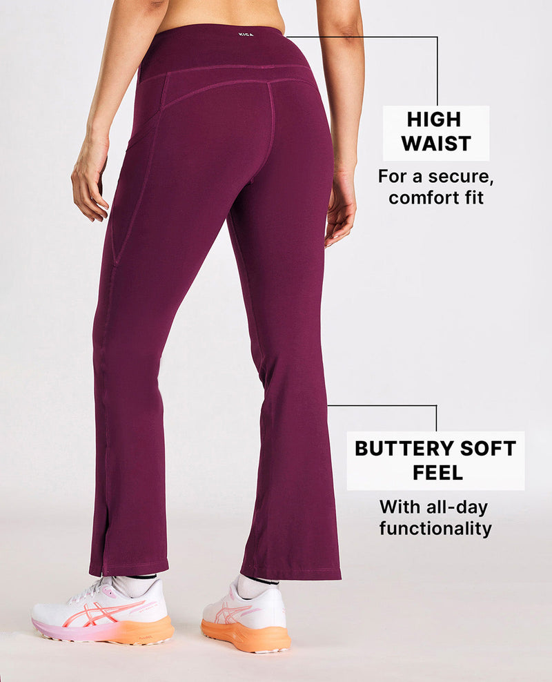 Women High Waist Cotton Side Slit Flared Pants Burgundy