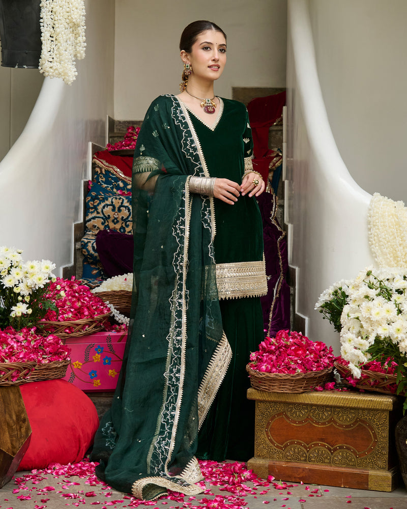 Nila Green Embroidered Velvet Sharara Set