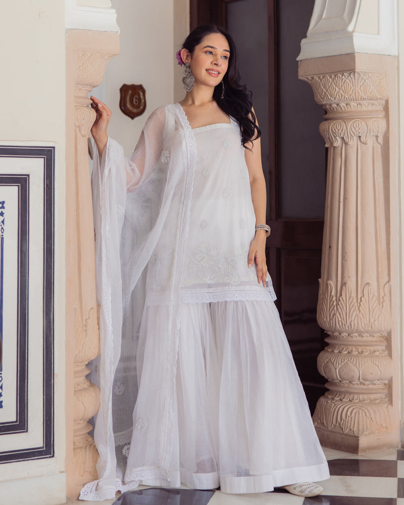 Gleaming White Embroidered Doria Sharara Set